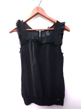 NWT Guess Women Black Silk Sheer Blouse Zipper 100% Silk Top